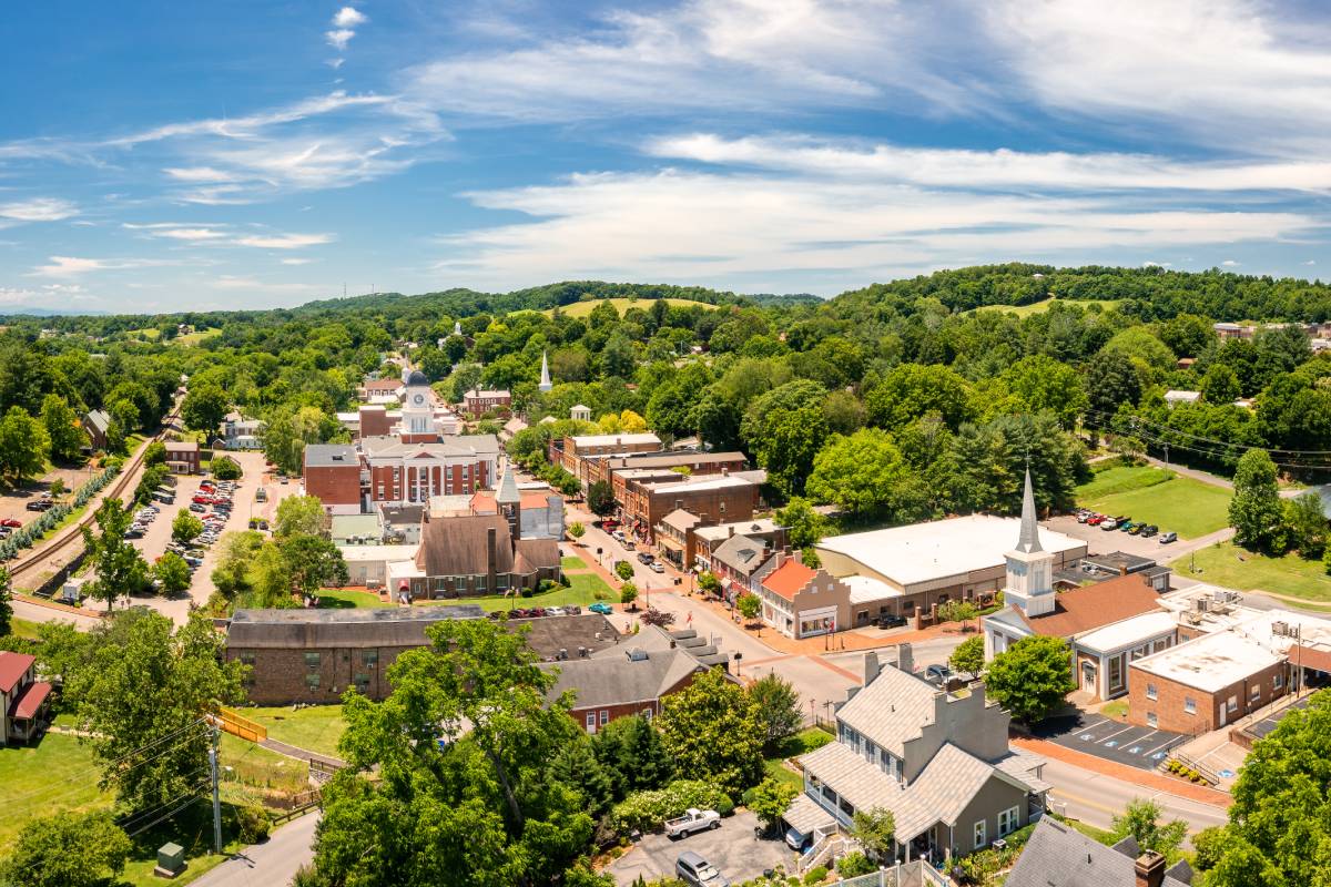 An aerial image of Jonesborough, TN, the Oldest Town in the state, near Greeneville Signs