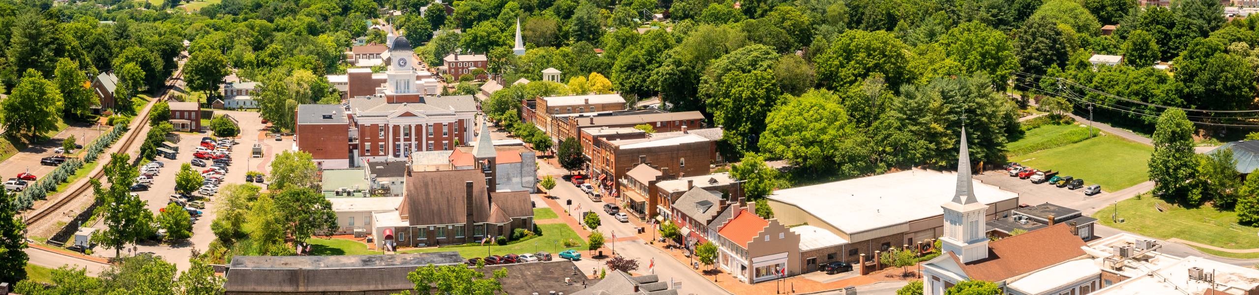 An aerial image of Jonesborough, TN, the Oldest Town in the state, near Greeneville Signs