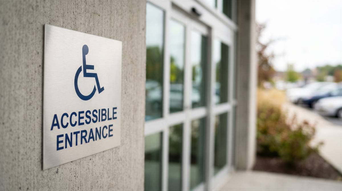 Accessible entrance sign on a concrete wall next to glass automatic doors at a building entrance
