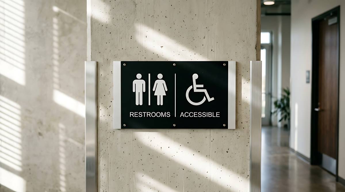 Restroom and handicap accessible signage on a concrete wall